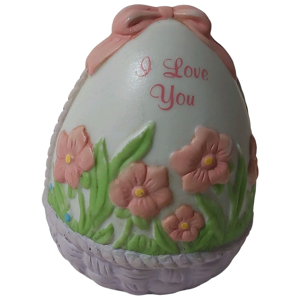 Russ Egg Ceramic Figurine Floral I Love You Basket With A Bow Three Inch